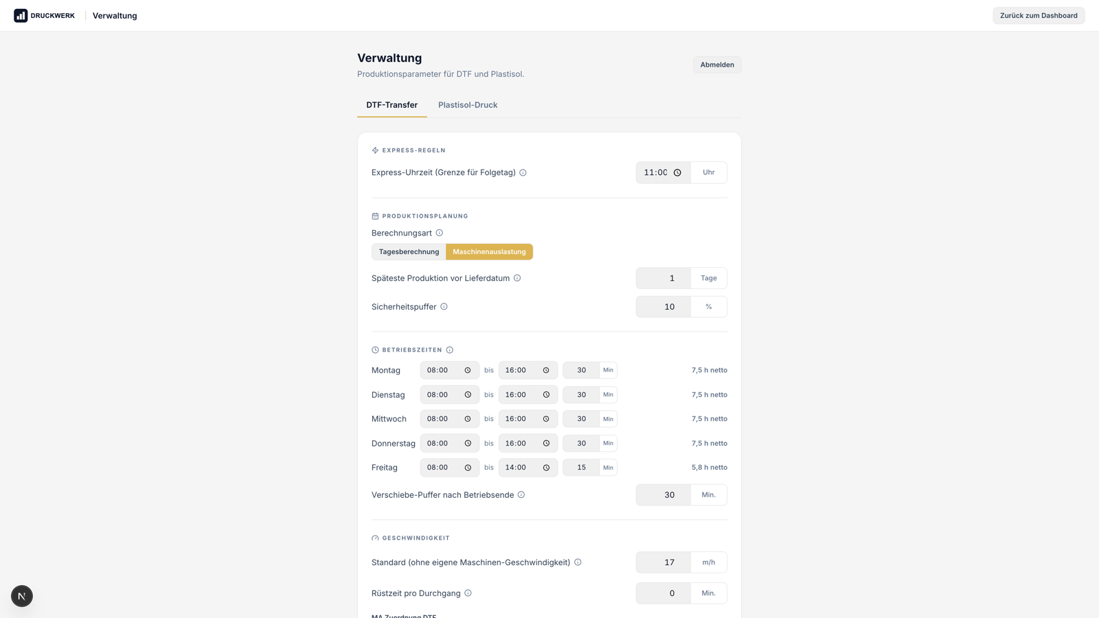 Konfiguration des Produktionsleitstands: Express-Uhrzeit, Sicherheitspuffer, Betriebszeiten, Verschiebe-Puffer und Maschinengeschwindigkeit